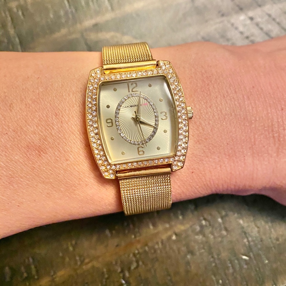 Isaac Mizrahi gold tone watch with rhinestones